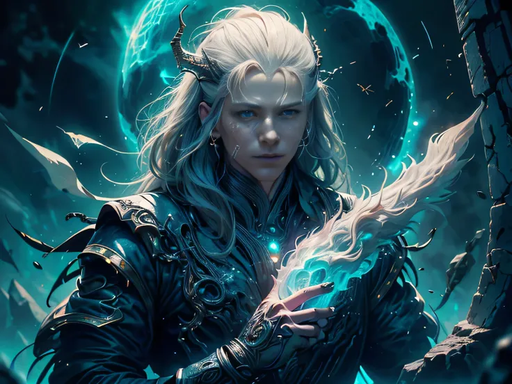 (Best Quality, 8K, Masterpiece, HDR, Soft Lighting, Picture Perfect, Realistic, Vivid), Male Humanoid Dragon (1.0), 1 Guy, Perfect Face, Super Detailed Photo of a Gorgeous Humanoid Dragon Man with Long White Hair, Side by Side lies a white dragon, Beautifu...