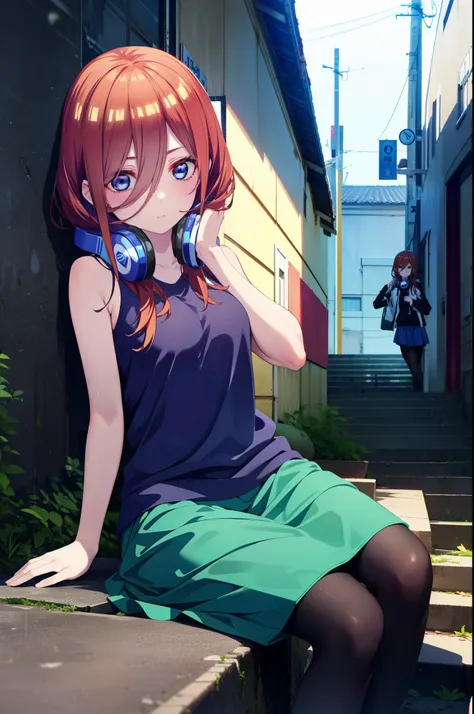 miku nakano, Nakano Miku Ticket III, Long Hair, bangs, blue eyes, Brown Hair, Hair between the eyes,Headphones around neck,Blue Tank Top,Long skirt,Black pantyhose,sneakers,rain,Hiding in a roofed building,Sitting on the stairs,whole bodyがイラストに入るように,
break...