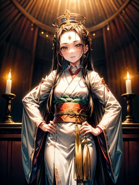 Himiko, ancient Japan, queen, shaman,((Forehead hai)),,long black hair, deep brown eyes, sumptuous attire, crown, sacred altar,regal expression,Stand up,Smile,yellow eyes,smilling,(Hand on hip)