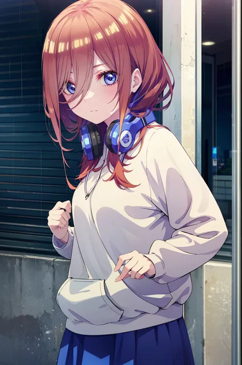 miku nakano, Nakano Miku Ticket III, Long Hair, bangs, blue eyes, Brown Hair, Hair between the eyes,Headphones around neck,Oversized blue hoodie,Long skirt,sneakers,rain,Hiding in a roofed building,Standing with my back against the wall,whole bodyがイラストに入るよ...