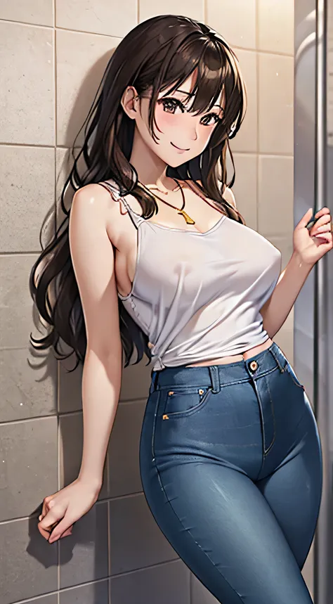 ((Tabletop, Highest quality, High resolution, , Pixel Perfect, 4K,))), 1 female, 、The whole body is visible、 ((Long Wavy Hair, bangs, Brown Hair)), ((Brown eyes, Beautiful eyelashes, Realistic eyes)), ((Detailed face, Blushing:1.2)), ((Smooth texture:0.75,...