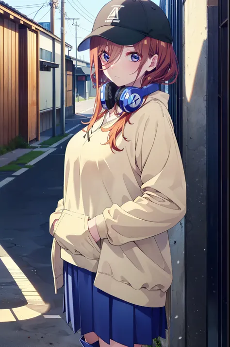 miku nakano, Nakano Miku Ticket III, Long Hair, bangs, blue eyes, Brown Hair, Hair between the eyes,Baseball hats,Headphones around neck,Oversized blue hoodie,Long skirt,short boots,rain,Hiding in a roofed building,Standing with my back against the wall,wh...