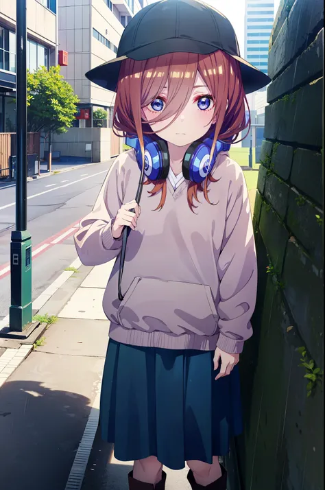 miku nakano, Nakano Miku Ticket III, Long Hair, bangs, blue eyes, Brown Hair, Hair between the eyes,Baseball hats,Headphones around neck,Oversized blue hoodie,Long skirt,short boots,rain,Hiding in a roofed building,Standing leaning against the wall,whole b...