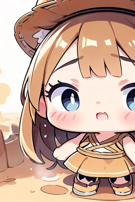 Chibi Girl、Walking through the desert under the scorching sun、Sweat、heat haze、Chunky shoes、Very detailed、Ultra-realistic、Photorealistic、8K、Hyperrealistic、masterpiece、Beautiful detailed eyes、Beautiful detailed lips、Very detailedな顔、Long eyelashes、Beautiful y...