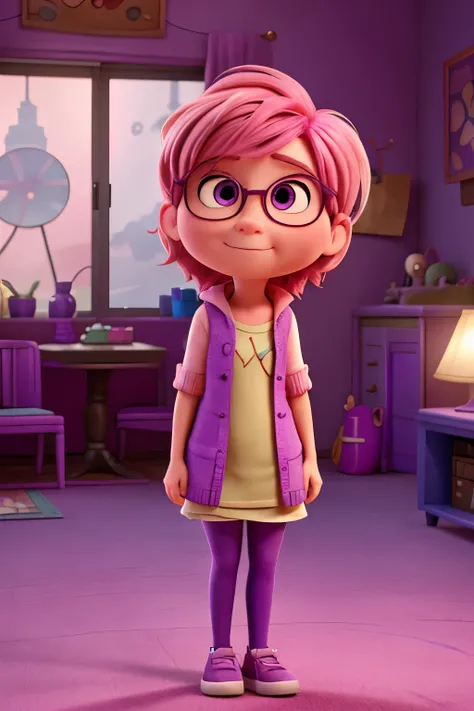 Inside Out 2 by Pixar.is ,pink haired,and purple skin,she will be happy