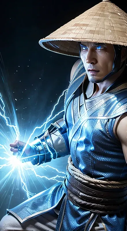 raiden, mortal combat, wears white cloak, a vietnamese hat, shining blue eyes, wields baton, god of thunder, protector of the ea...