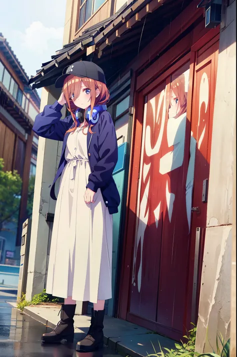 miku nakano, Nakano Miku Ticket III, Long Hair, bangs, blue eyes, Brown Hair, Hair between the eyes,Baseball hats,Headphones around neck,Oversized blue hoodie,Long skirt,short boots,rain,Hiding in a roofed building,Standing leaning against the wall,whole b...