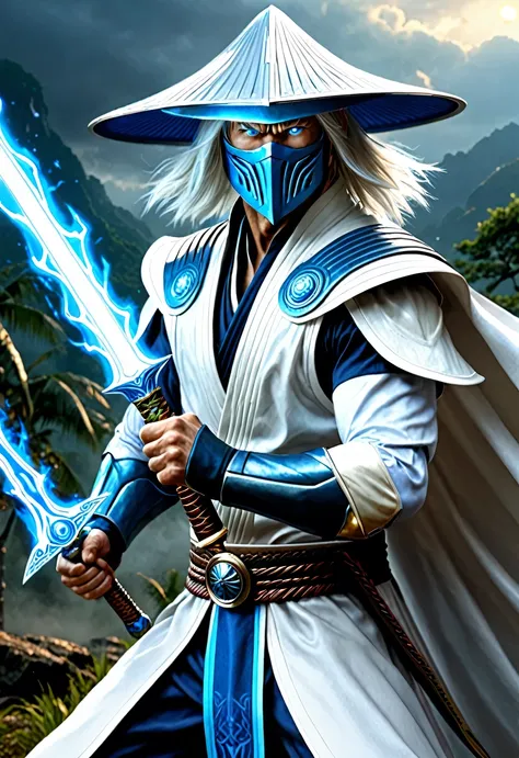 raiden, mortal combat, wears white cloak, a vietnamese hat, shining blue eyes, wields baton, god of thunder, protector of the ea...