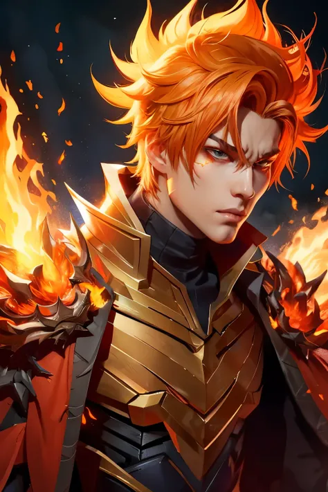 male mobile legends character named valir
, 8k, spiky orange hair with fire abilities and a torn cloth outfit