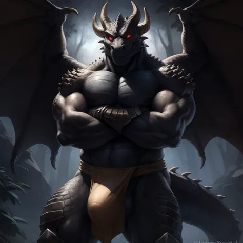 woods, night, dark fog, standing, penis, (ultra detailed), a beautiful and detailed full size portrait of a male anthro dragon, scalie, dragonic, demon monster, (black body, black skin) smirk, (scales, detailed scales, muscle anthro, buff, big pecs, gladia...