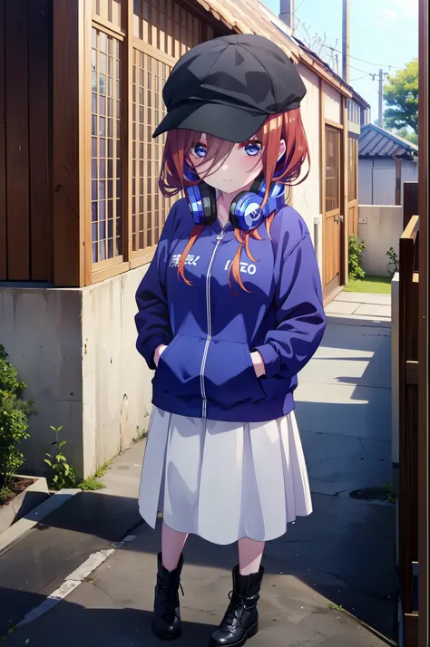 miku nakano, Nakano Miku Ticket III, Long Hair, bangs, blue eyes, Brown Hair, Hair between the eyes,Baseball hats,Headphones around neck,Oversized blue hoodie,Long skirt,short boots,rain,Hiding in a roofed building,Standing leaning against the wall,whole b...