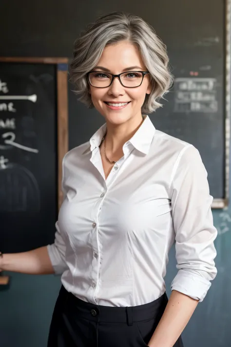 American Grandma、female teacher、Grey Hair、Wavy Short Hair、Wearing glasses、smile、Slim body、White shirt with open chest、Black tanding in front of a blackboard、In the school classroom