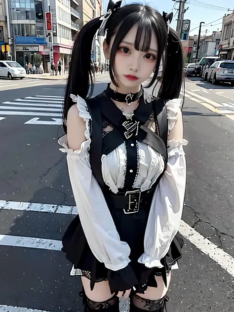 RAW Photos, 8K, (Highest quality), Realistic, (live-action, Intricate details), A young woman with twin ponytails is standing on a street corner in the city。She is wearing a black oversized long sleeve shirt with a white skull graphic and Japanese text.、Bl...