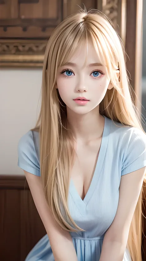 super long straight silky blonde hair、bangs hanging over the eyes、bangs on the face、a woman with beautiful, bright, large blue e...