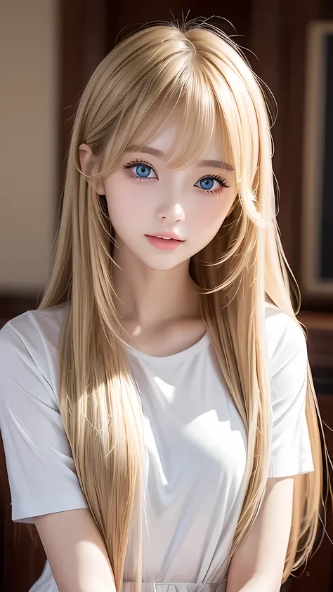 super long straight silky blonde hair、bangs hanging over the eyes、bangs on the face、a woman with beautiful, bright, large blue e...