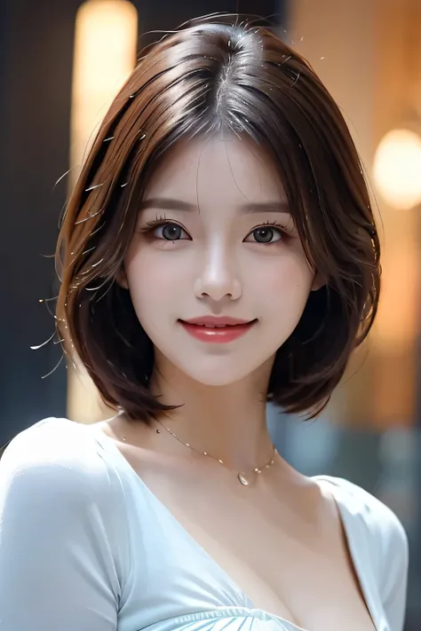 (8k, RAW Photos, highest quality, masterpiece, Realistic, Realistic), (1 female), (Ultimate beauty), Highly detailed face, (Perfect Teeth), Beautiful Eyes, double eyelid, eyelash, smile, Lip details, (Neat brunette bob), The light shines on your face, Big ...
