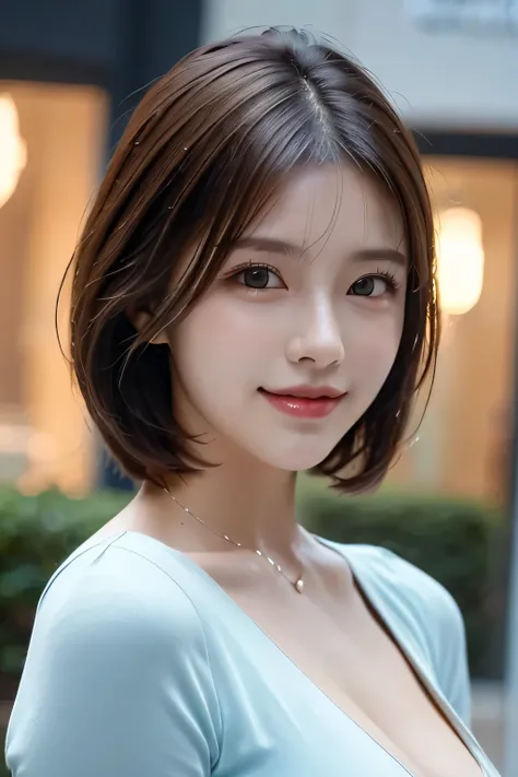 (8k, RAW Photos, highest quality, masterpiece, Realistic, Realistic), (1 female), (Ultimate beauty), Highly detailed face, (Perfect Teeth), Beautiful Eyes, double eyelid, eyelash, smile, Lip details, (Neat brunette bob), The light shines on your face, Big ...