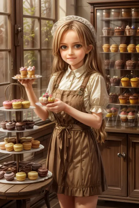 masterpiece, highly detailed, (chibi:1.3), , (1girl), blonde hair, pastel colors, cozy atmosphere, dessert display case, macaron...