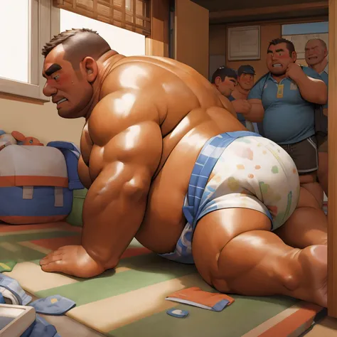 masterpiece, Top quality, in 32K, perfect anatomy, hyper detailed, super fine illustration, The thick man is a brutal prisoner, retarded, hairy human, 50yo in Japan, (fatness: 1.0), Fatty muscle, Bowleg, disappointment, incontinent, shy, sissy, Weaker than...