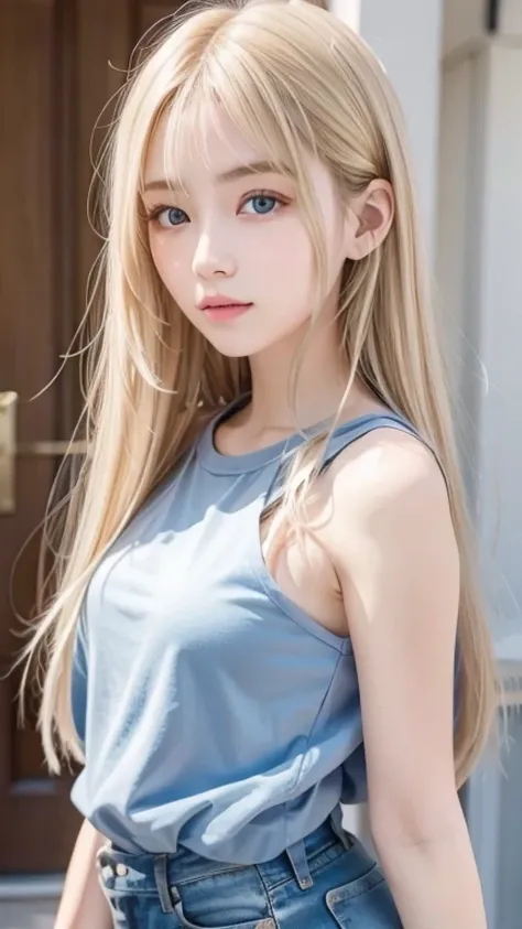 Super long straight silky blonde hair、Bangs hanging over the eyes、bangs on the face、A woman with beautiful, bright, large blue eyes is taking a photo, gorgeous young beautiful model, Portrait of Sophie Mudd, Beautiful female model, cute young beautiful gir...