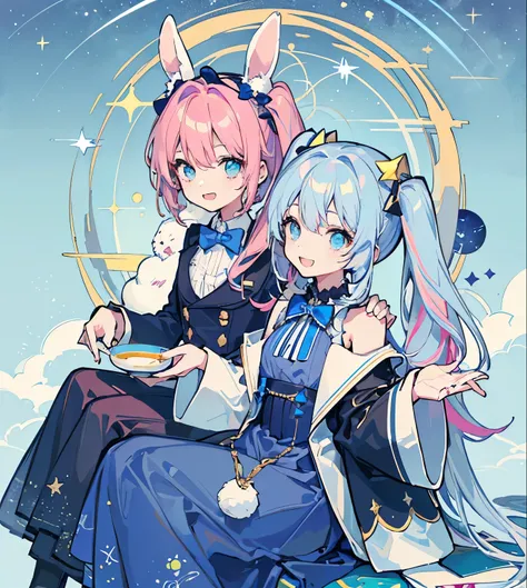 A girl with pink hair in twin tails and a girl with long navy blue hair、Costumes with a night sky and star motif、noble、Voluminous dresses、Detailed decoration、Rabbit butler、Star and night sky motif、Astronomical observation、Blue and white outfit、smile、tea ti...