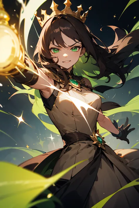 Woman, female, dark hair, shiny hair, Bright Green eyes, Green and brown dress, Magic, Green sparkles, sadistic Expression, evil expression, Evil smile, brown arm gloves, dark crown