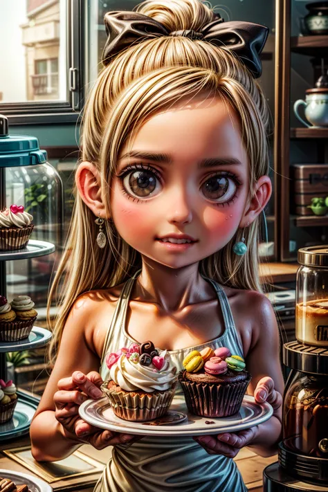 masterpiece, highly detailed, (chibi:1.3), , (1girl), blonde hair, pastel colors, cozy atmosphere, dessert display case, macaron...