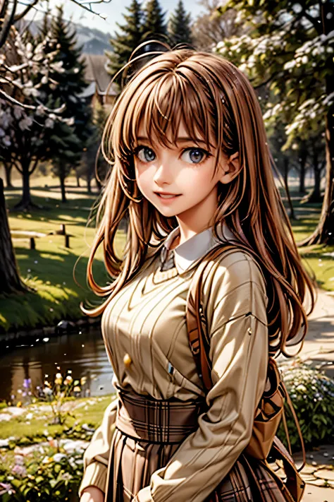 Prompt: masterpiece, best quality, ultra-detailed, 1girl, detailed water, long hair, corkscrew curls, red hair, light grey eyes, (close-up), maple trees, everywhere mistletoe, gorgeous, maple and spruce trees, cherry, cherry tree, smile, view from front, w...