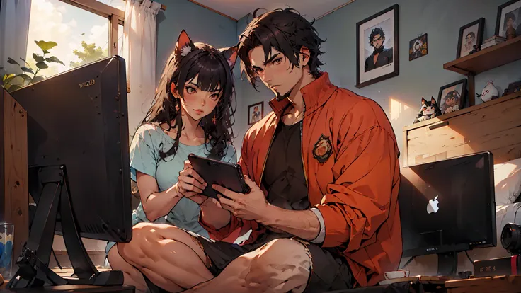 (Junkotvv a girl con orejas de gato) and (neocruz a boy con barba y sin orejas de gato), playing video games together in a room full of 80s style anime and posters in neon tones with video game controllers in their hands and enjoying