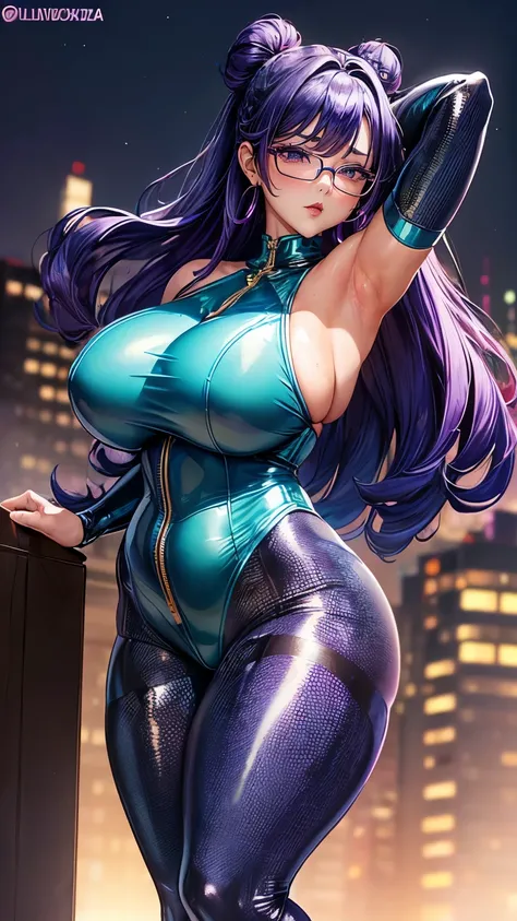 Chinese Idol　Mature Woman　50 talents　Huge boobs　((Shiny enough to reflect light、Front zipper full body suit and tights made in super shiny turquoise metallic.))　Chunli　plump　Super shiny metallic fishnet stockings　((Purple hair with bangs 2 chignon))　((Wavy...