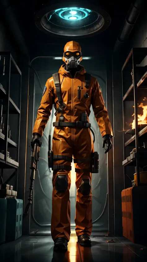 a man hold gun wearing an orange jumpsuit standing in front of a glass cage inside is an experimental monster, Strange creature in a futuristic chemical laboratory, a single man wearing a hazmat suit, he being in the alchemists lab, half-life 3 ( 2 0 2 6 )...