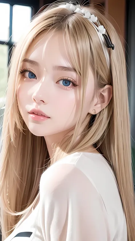 Super long straight silky blonde hair、Bangs hanging over the eyes、bangs on the face、A woman with beautiful, bright, large blue eyes is taking a photo, gorgeous young beautiful model, Portrait of Sophie Mudd, Beautiful female model, cute young beautiful gir...
