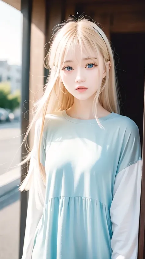 super long straight silky blonde hair、bangs hanging over the eyes、bangs on the face、a woman with beautiful, bright, large blue e...