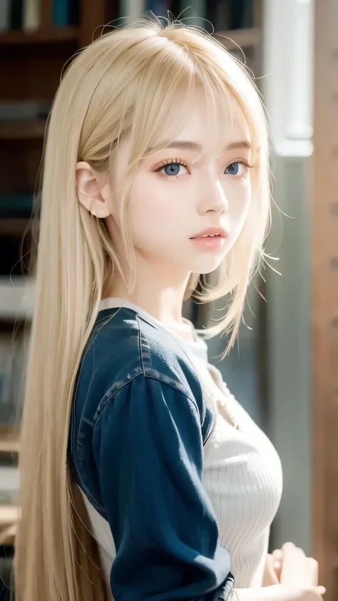 super long straight silky blonde hair、bangs hanging over the eyes、bangs on the face、a woman with beautiful, bright, large blue e...