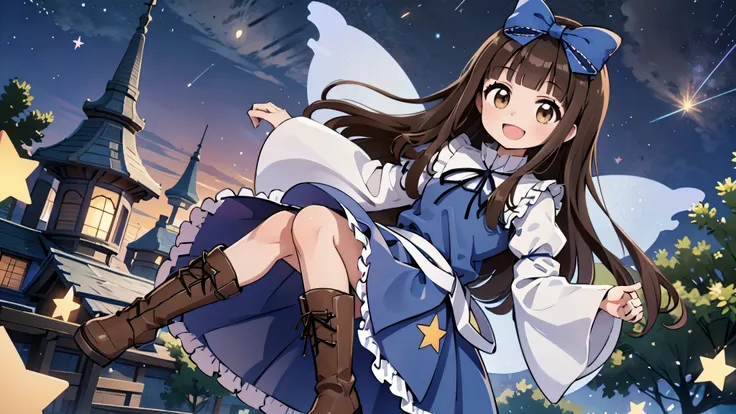 one girl , star sapphire, alone,(blue clothes:1.1), (star dress:1.1),star \(symbol\),brown eyes, smile,fairy wing, wing,  brown ...