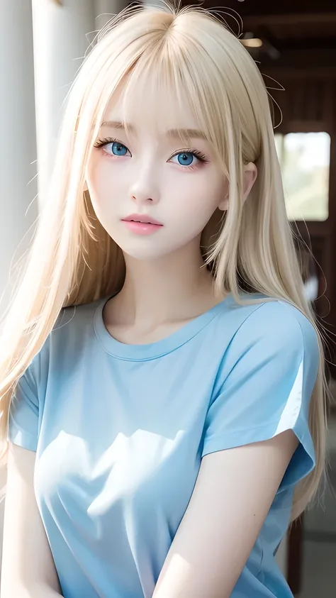 Super long straight silky blonde hair、Bangs hanging over the eyes、bangs on the face、A woman with beautiful, bright, large blue eyes is taking a photo, gorgeous young beautiful model, Portrait of Sophie Mudd, Beautiful female model, cute young beautiful gir...