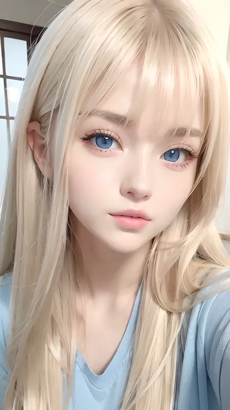 Super long straight silky blonde hair、Bangs hanging over the eyes、bangs on the face、A woman with beautiful, bright, large blue eyes is taking a photo, gorgeous young beautiful model, Portrait of Sophie Mudd, Beautiful female model, cute young beautiful gir...