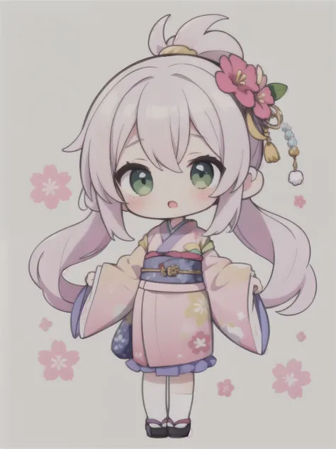 1girl,kimono,chibi,green background,