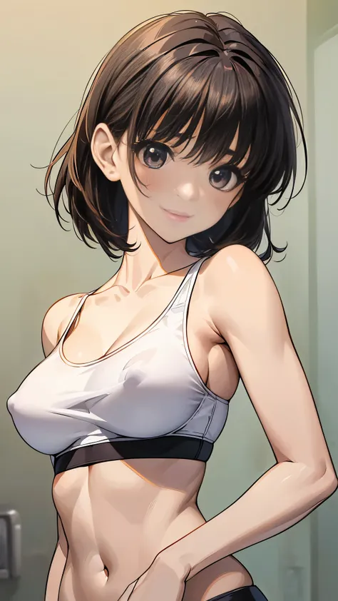 nsfw:1.5,16K、masterpiece、High resolution、((18-year-old female))、Very large breasts:1.5、long nipples:1.1、Nipple protrusions、(((thin, A skin-tight white sports bra))、((白くthinスポーツレギンス))、Captivating look、smile、((Please put your hands on your hips))、Angle from ...