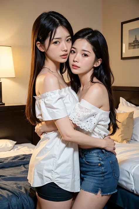 masterpiece，Highest quality，Advanced Details，1 male，1 female，((Hotel Bedroom:1.4))、((Japanese woman with straight medium-long hair:1.4))，((A woman wearing a white short-sleeved off-the-shoulder cotton shirt and a denim miniskirt:1.4))，Japanese middle-aged ...