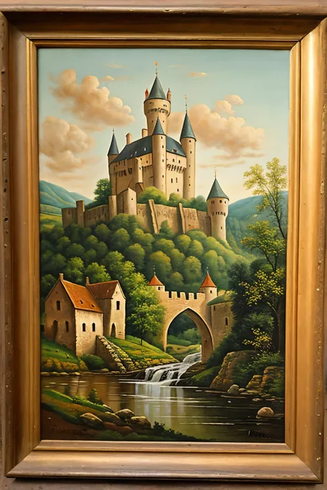 medieval landscape of a fief, with a castle of 5 towers, a drawbridge, a stream, the cultivated lands, a small monastery, a village of 200 people, the forest and a mill. oil painting look
