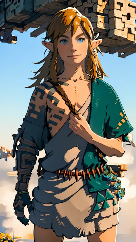 botw、Link、Subjective、looking at the camera、Plainale、Hyrule Soldier、Masterpiece、Highest quality、male体型、Flowing Hair、smile、Simple Background、Model pose