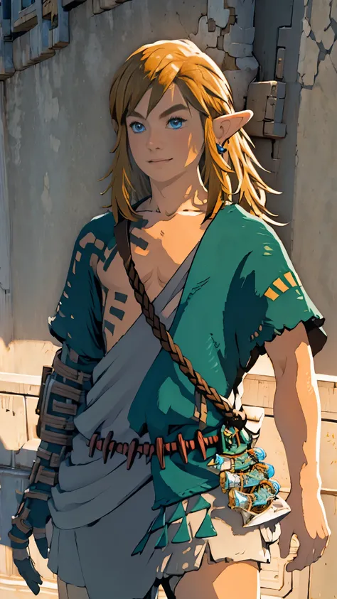 botw、Link、Subjective、looking at the camera、Plainale、Hyrule Soldier、Masterpiece、Highest quality、male体型、Flowing Hair、smile、Simple Background、Model pose