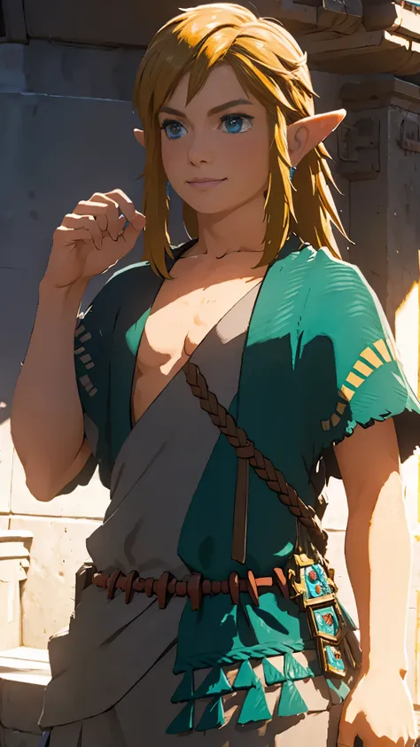 botw、Link、Subjective、looking at the camera、Plainale、Hyrule Soldier、Masterpiece、Highest quality、male体型、Flowing Hair、smile、Simple Background、Stick out your palms