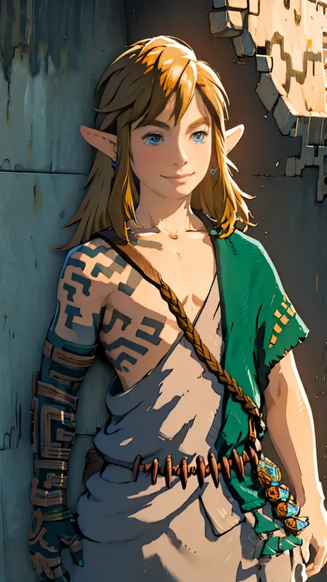 botw、Link、Upper Body、Subjective、looking at the camera、Plainale、Hyrule Soldier、Masterpiece、Highest quality、male体型、Flowing Hair、smile、Simple Background