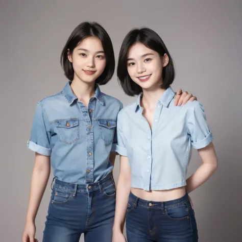 251 (An 18-year-old female and an 18-year-old male), (short hair),kind, lipstick, (jeans), (FloralＴshirt), smile