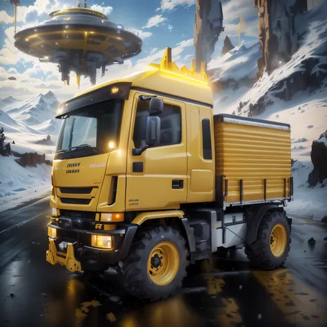 arafed yellow truck with a large wheel on a snowy road, vehicle concept photo!!, sci-fi car truck, adventure hyper realistic render, cute future vehicles, new vehicle, truck concept art, futuristic product truck shot, inspired by Chris Foss, based on bumbl...