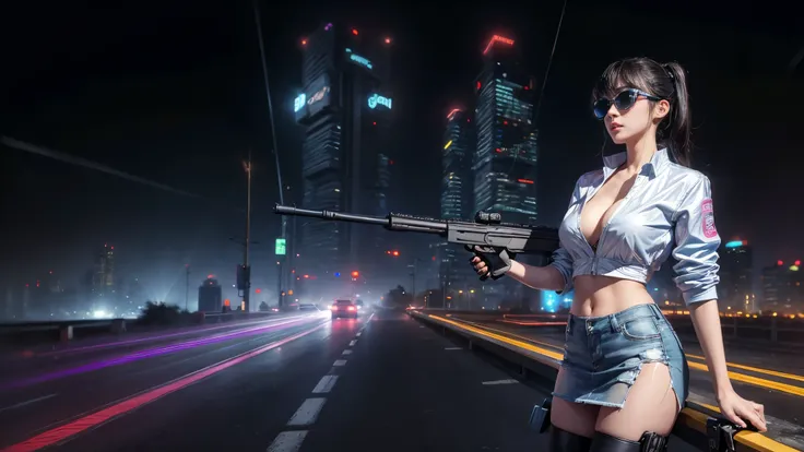 ８k, Realistic Skin Texture, Realistic Photo, Neo Tokyo, slim Japanese women, large-breast:1.3 cleavage, ＡＤ2050 at night, Dirty hunting jacket, Wearing multiple shirts, miniskirt, (((black sunglasses, automatic rifle, sneakers, cold, shooting pose, low angl...