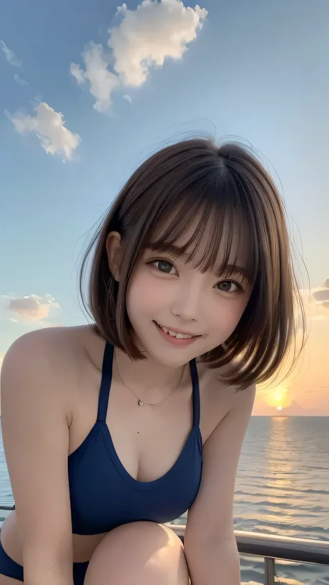 closeup shot , Best picture quality (8K, high resolution, Masterpiece: 1.2), super detailed,  215 Short Hair, 16-year-old woman, 

Against the background of orange sunrise sky、Clouds and sun setting over the sea, Beautiful girl sitting in school swimsuit. ...