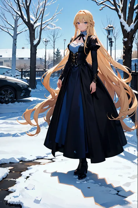 1woman, long hair, blonde hair, blue eyes, formal dress, standing on ground, high res, ultra sharp, 8K, masterpiece